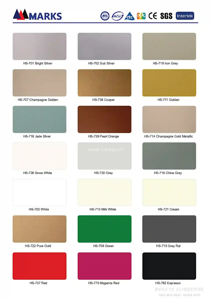 Pilihan warna ACP Marks lembaran berkualitas untuk fasad rumah, ruko, kantor, dan gedung di Banda Aceh.