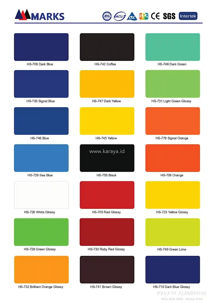 Sampel warna ACP Marks Aluminium Composite Panel yang tersedia di Karaya Aluminium Banda Aceh.