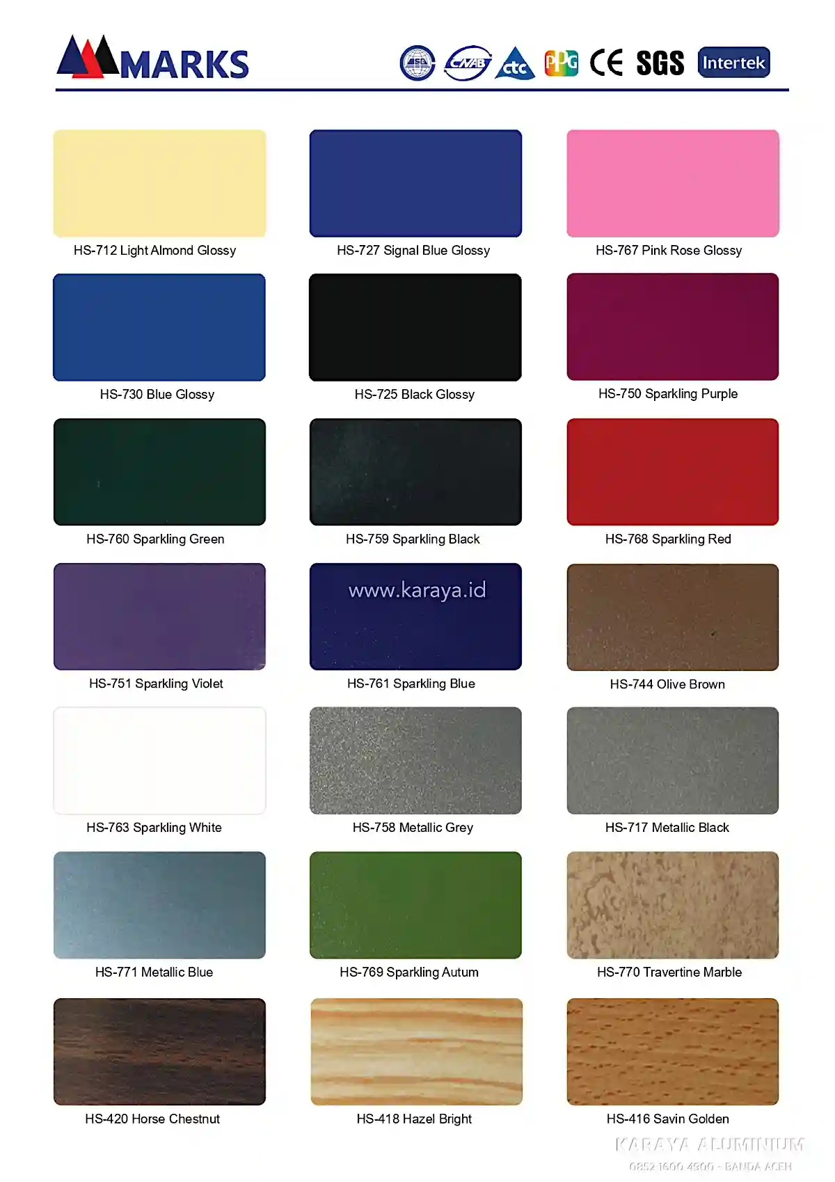 ACP Marks ukuran 122 x 244 cm dengan pilihan warna lengkap untuk proyek konstruksi dan renovasi bangunan.